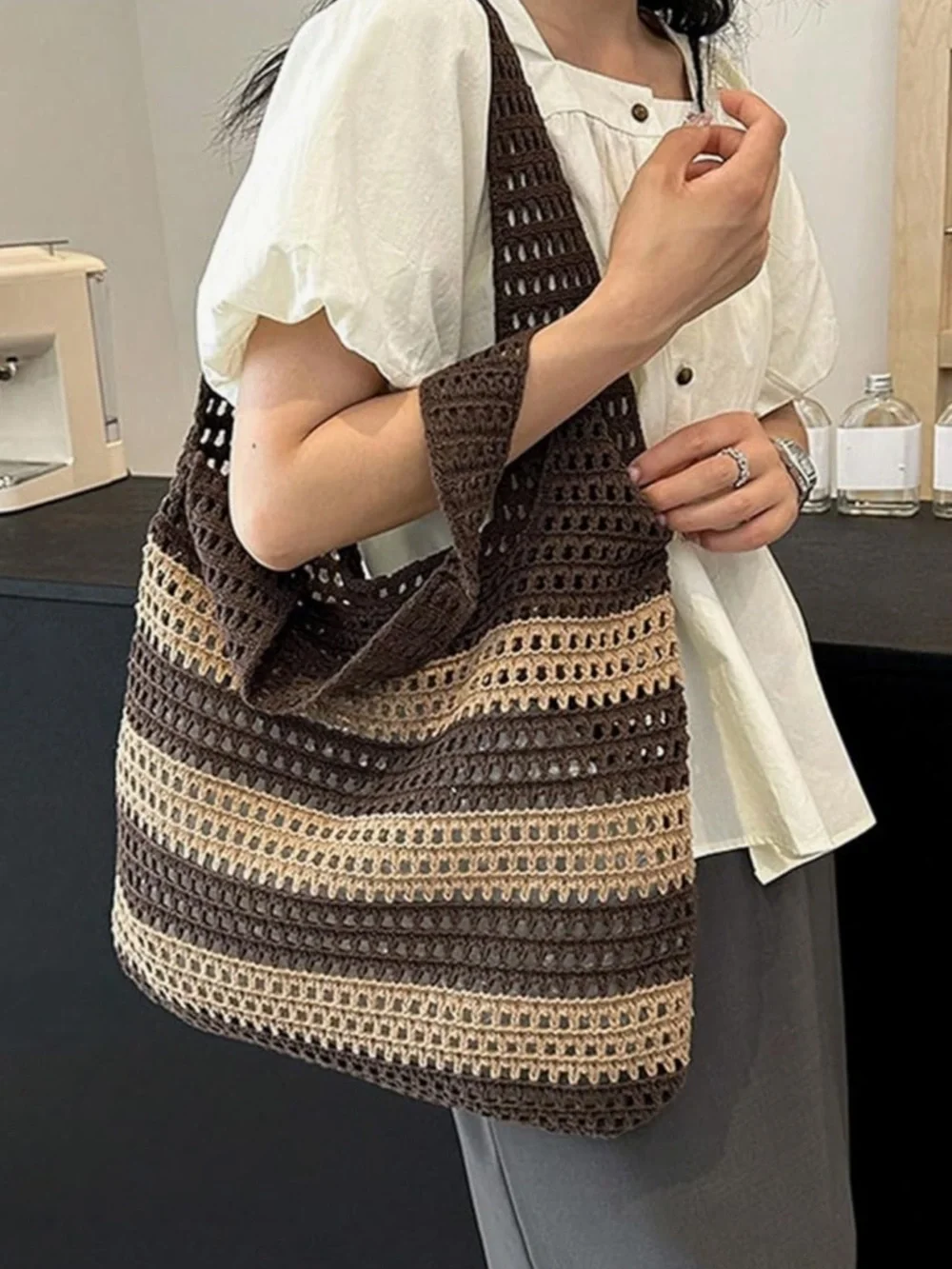 Women's Color Block Striped Crochet Tote Bag